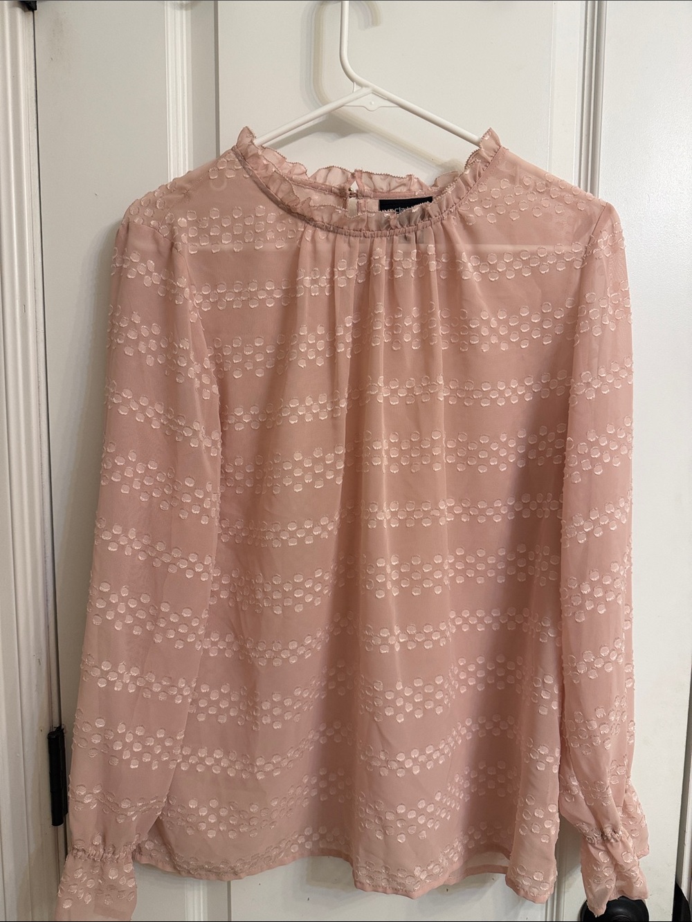 Soft Pink Ruffle-Neck Blouse with Textured Dot Detail